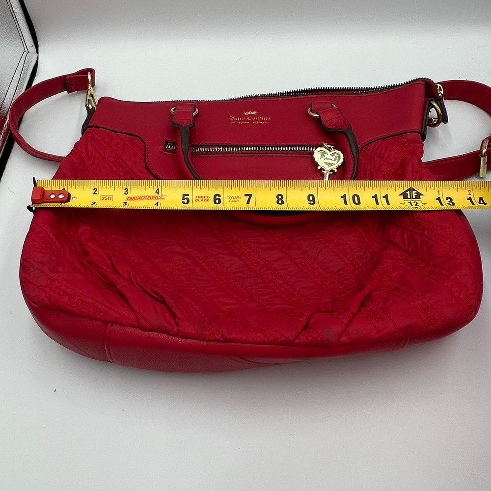 Juicy Couture Satchel Bag Women Large Red Good Quilted Nylon Crossbody Key Charm - Picture 11 of 11